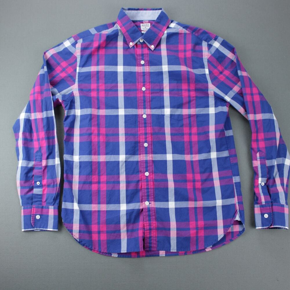 Bonobos Plaid Button Down Shirt Mens Medium Blue Pink Cotton Long Sleeve